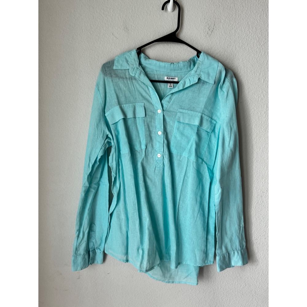 Old Navy Womens Aqua Blue Linen Blend Long Sleeve Tunic Popover Shirt Size Large
